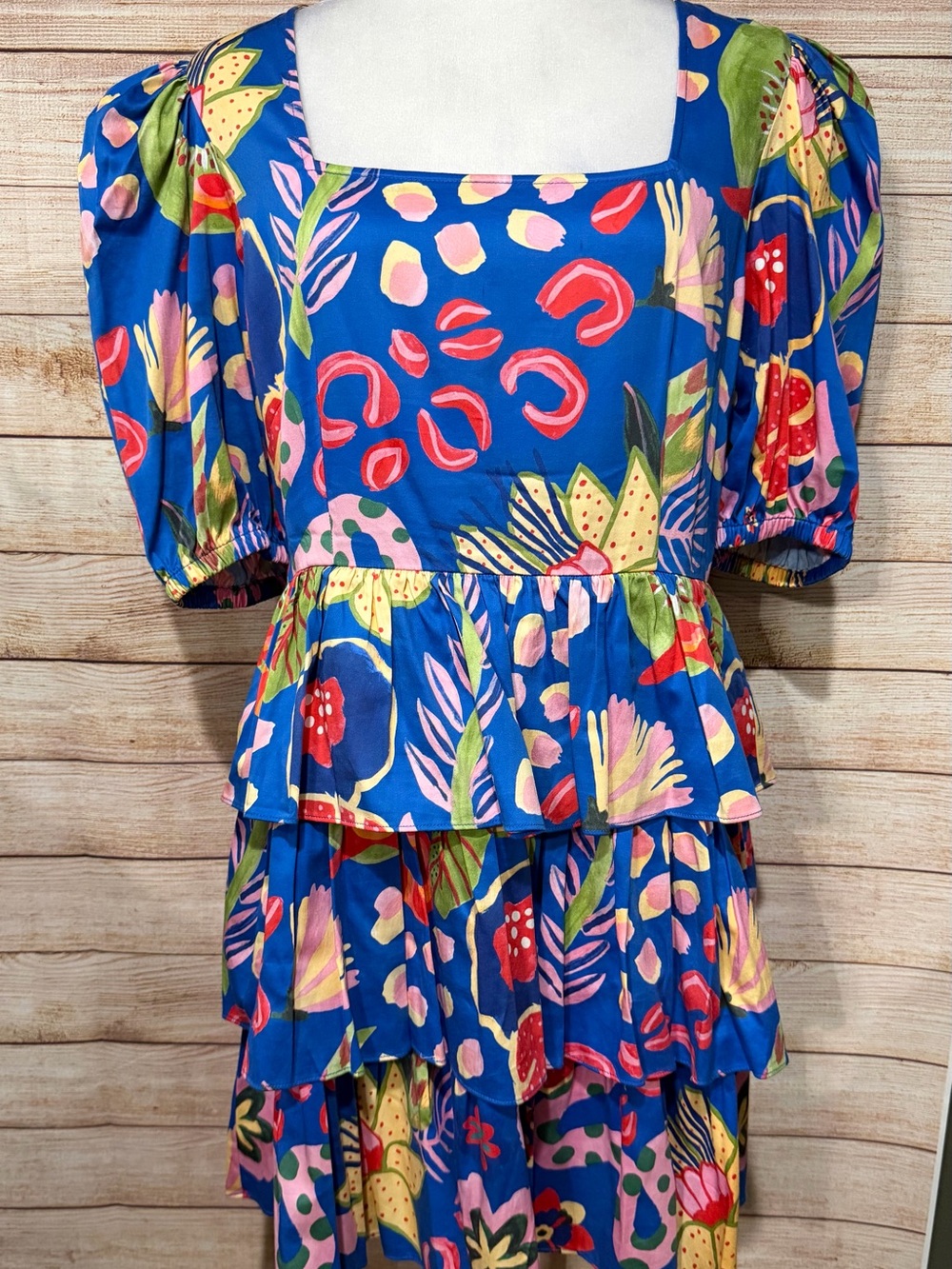 Alden Adair Blue Floral Print Tiered Sundress with Multicolor Blooms